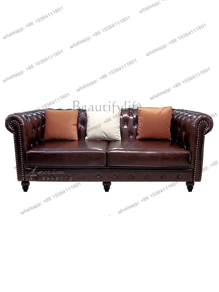 American light luxury leather sofa first layer cowhide French retro style pull-up sofa combination
