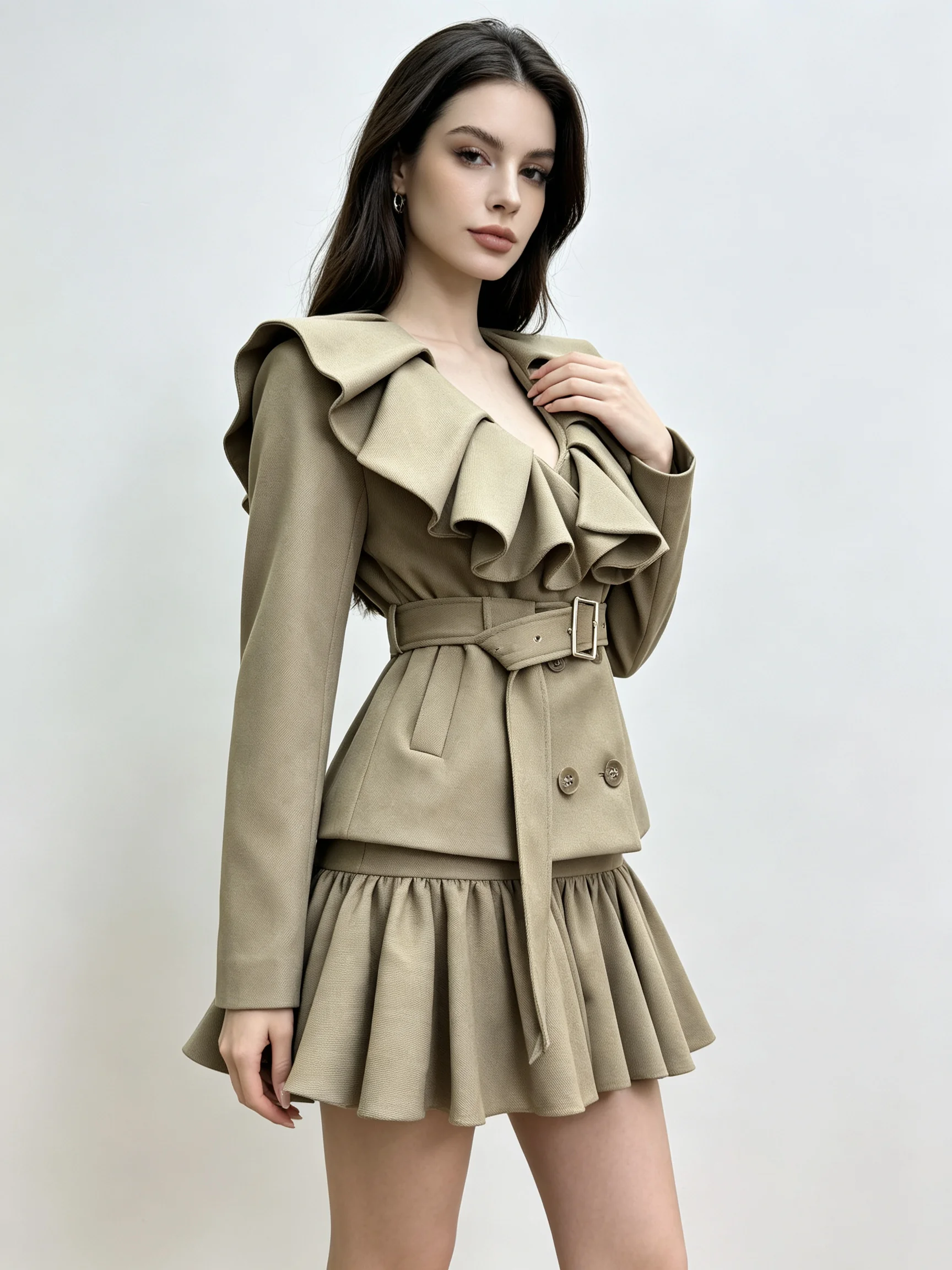 Elegant Women Ruffle V Neck 2 Piece Set Double Breasted Blazer Ruffle Skirt With Belt