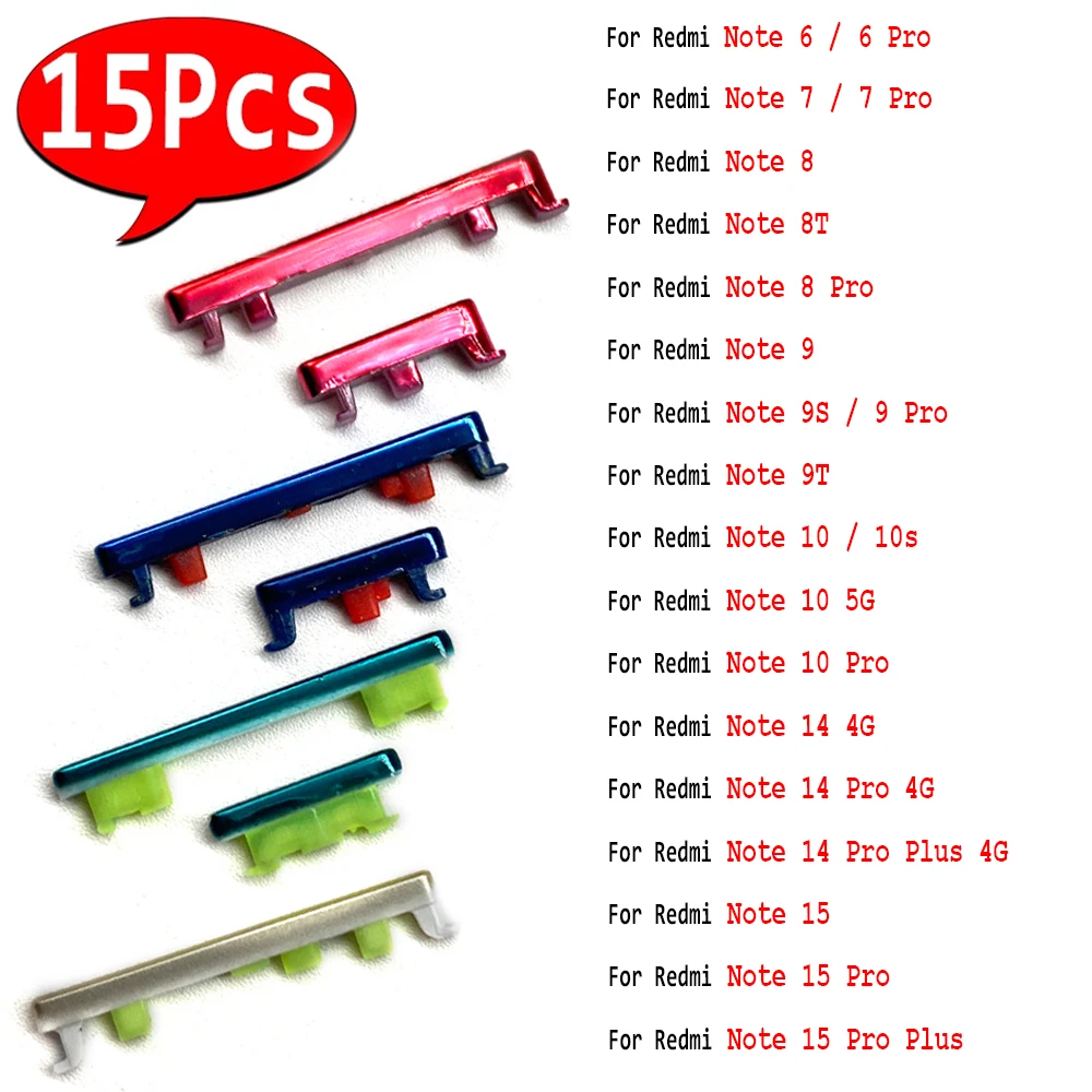 15Pcs,Side Keys Power and Volume Buttons Repair Replacement For Xiaomi Redmi Note 6 7 8 8T 9 9S 9T 10 10S 14 15 Pro Plus 10 5G