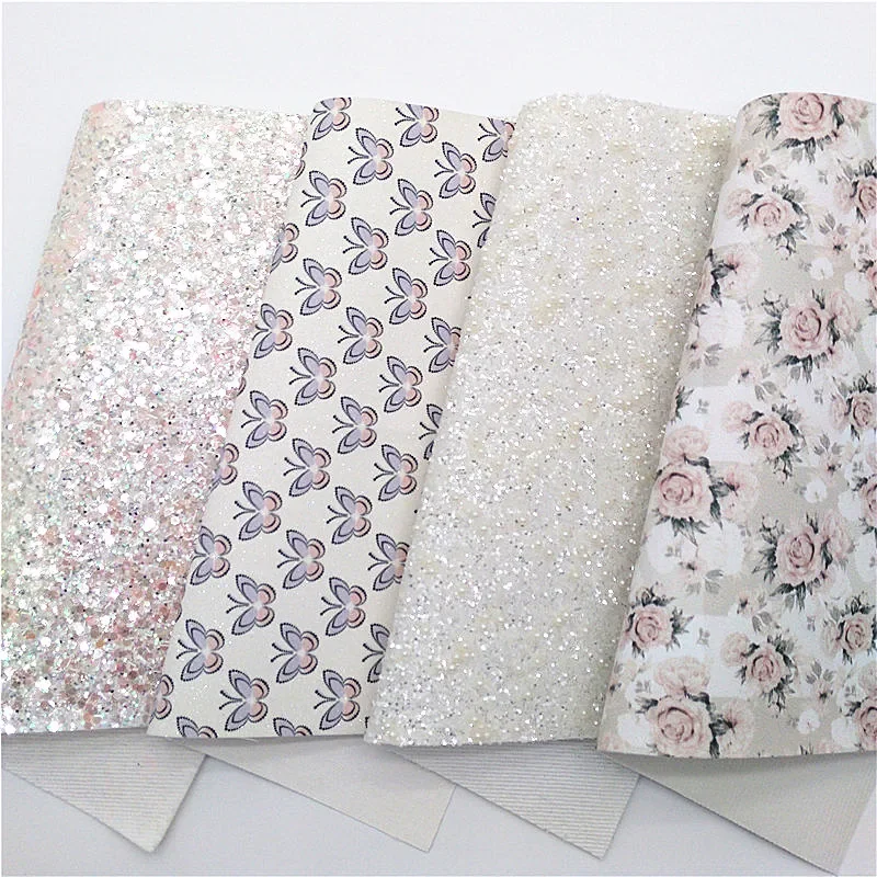 White Pearls Chunky Glitter Leather Butterflies Flowers Printed Synthetic Leather Vinyl Leather Sheets For Bows DIY 21x29CM Q672