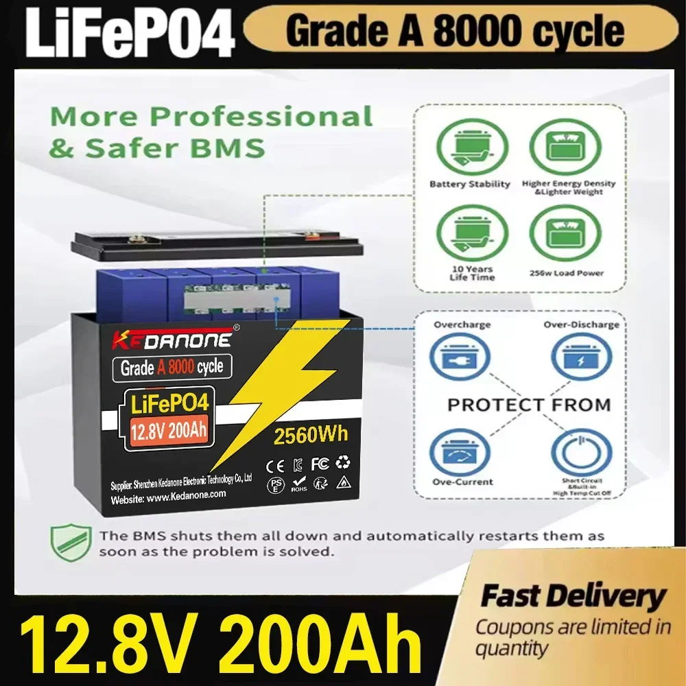 🎁12.8V 200AH LiFePO4 Battery Built-in 120A BMS RV Rechargeable Lithium Iron Phosphate, Solar Marine Overland Off-Grid Battery