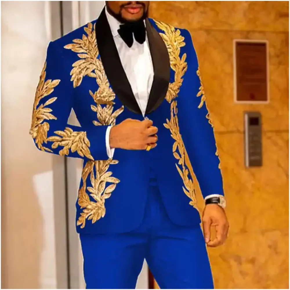 Royal Blue Shinny Embroidered Mens Suits 2 Pieces Sequin Blazers Tuxedos Wedding Groom Dress Stage Celebrity Host (Jacket+Pants)