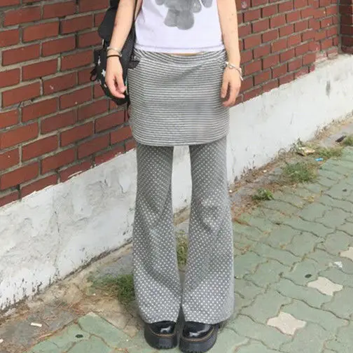 Y2K Aby Culture グレー水玉ストライプカジュアルスリムフェイクツーピーススカートパンツ一体型ベルボトムレディースロングパンツ