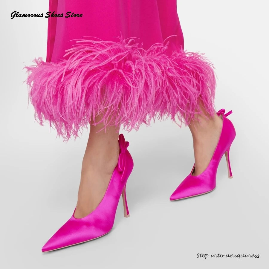 

Butterfly-knot Appliques Satin Pumps Elegant Pointed Toe Thin High Heels Women's Slip On Shoes Summer Fashion Runway Stilettos