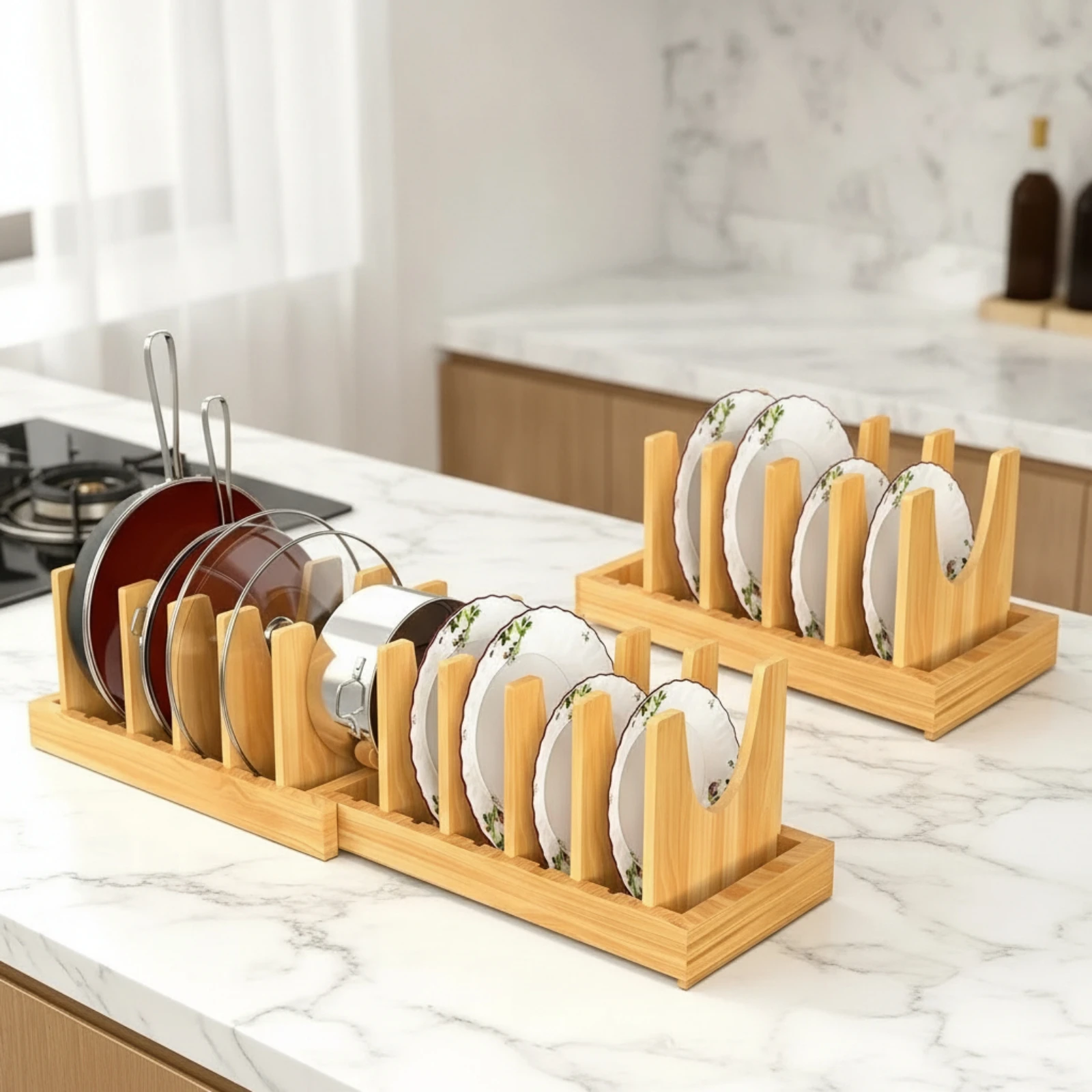 Plate and Lid Organizer Compact Bamboo Dish Rack Bamboo Plate Holder Natural Dish Rack with Divider Panels Eco-Conscious