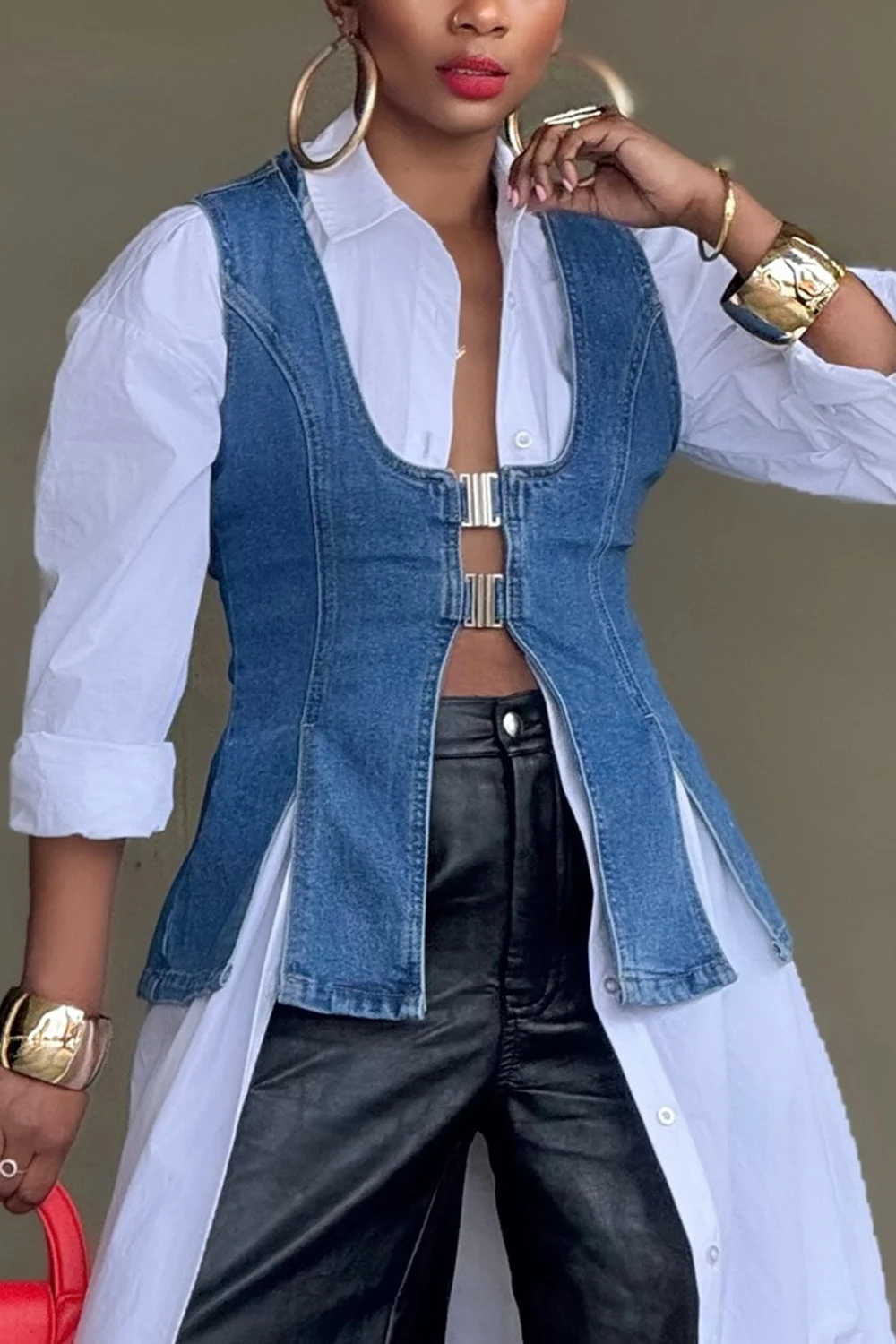 Plus Size Women's Business Casual Blue Split Denim Vest