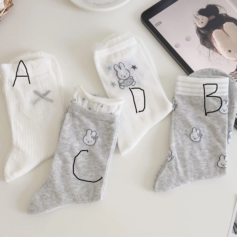 Anime Miffy Illustration Cute Girl Mid-calf Socks Summer Thin White Gray Cartoon Lovely Kawaii Sweet Creativity Good Looks New