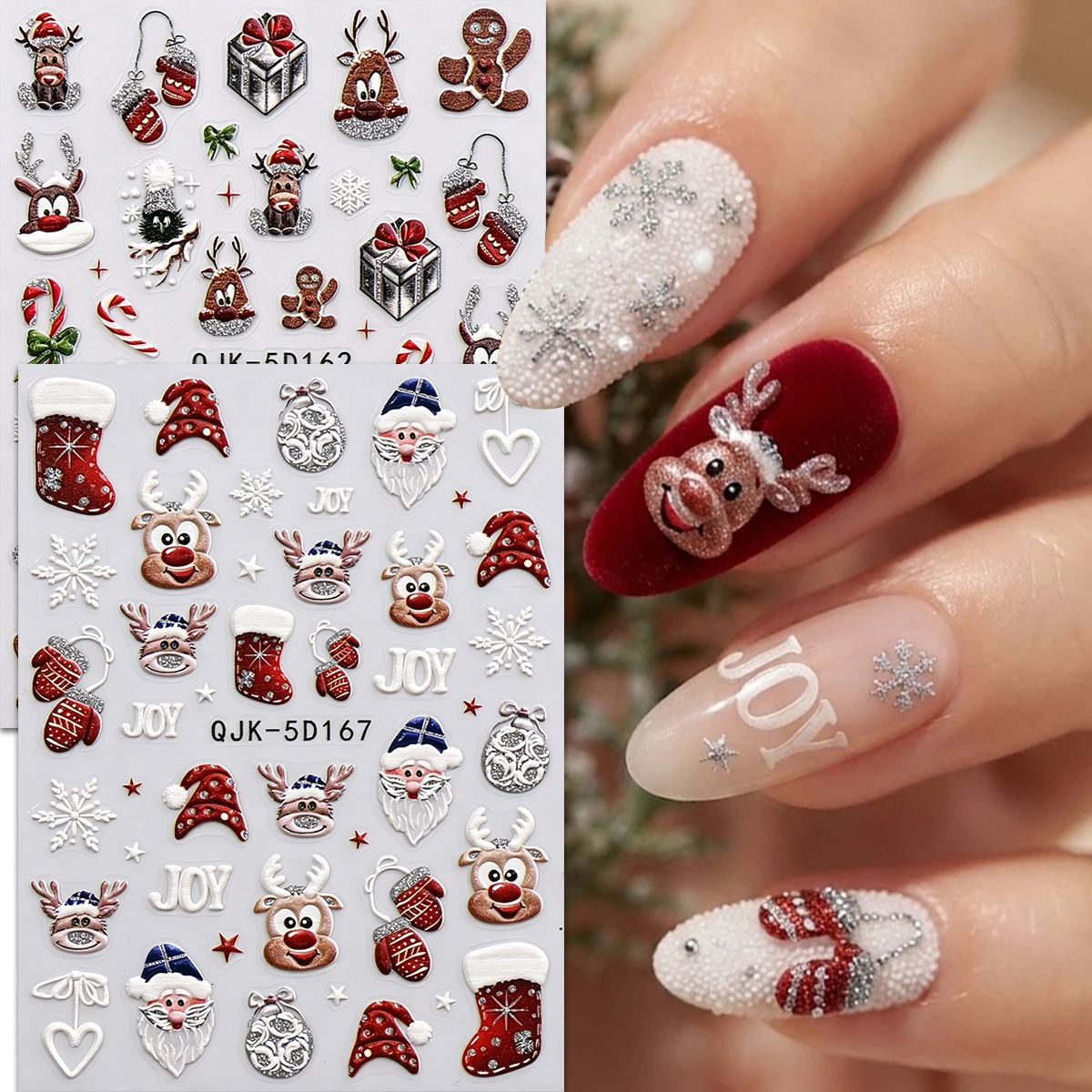 2/3/4PCS Winter Christmas 5D Embossed Nail Stickers Set Santa Reindeer Snowflake Manicurist Supplies for Holiday DIY
