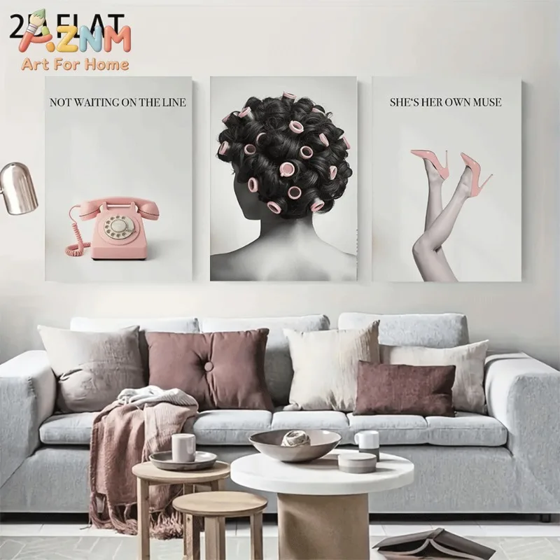 Unframed 3PCS Pink Retro Telephone Hair Roller High Heel Canvas Wall Art She's Her Own Muse Trendy Woman Print Poster Home Livin