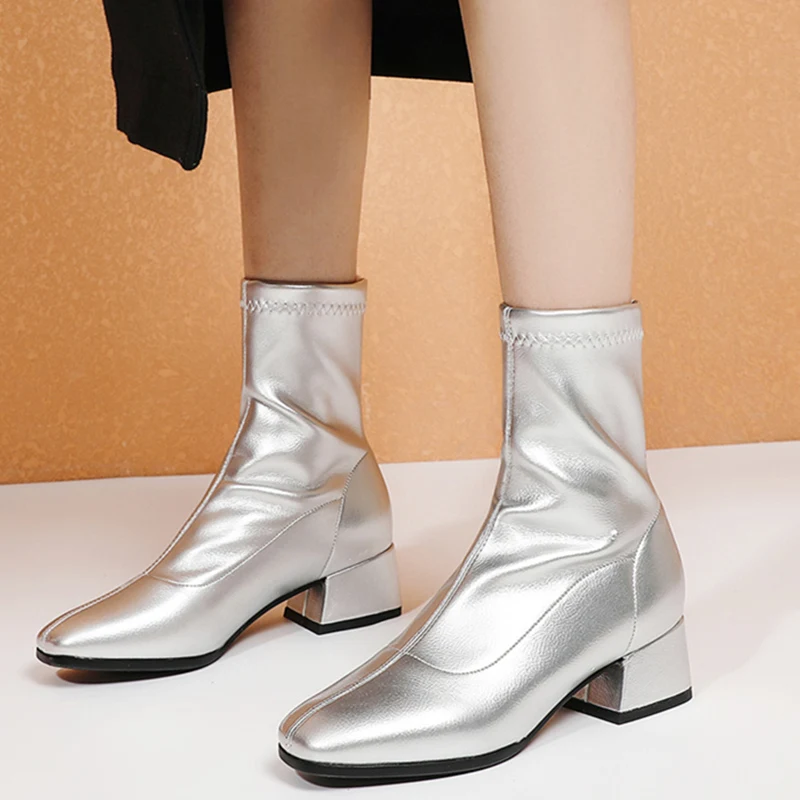 Classic White Ankle Boots for Women Low Heel Short Boot Lady Slip On Patent Leather Gold Silver Party Dance Shoes Autumn Winter