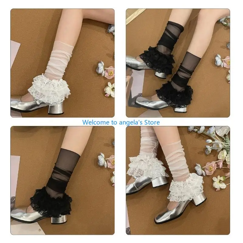 

X4YC See Through Mesh Leg Cover for Women Tiered Ruffle Lace Flared Leg Warmer Sleeve