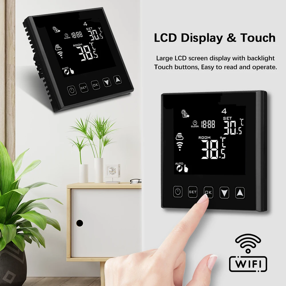 Termostat cerdas WiFi, termostat lantai tampilan LCD layar sentuh, pemanas suhu air lantai pengendali jarak jauh