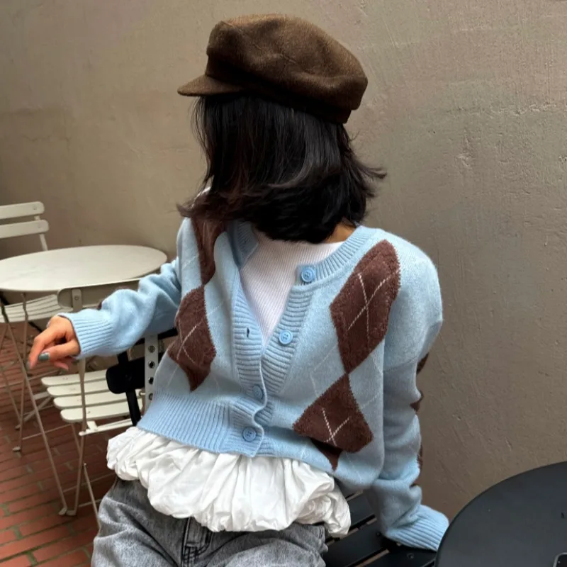 سترة نسائية من Hit Color Argyle 2025 برقبة دائرية ملابس خارجية غير رسمية بأكمام طويلة سترة منسوجة واحدة الصدر من Ropa Mujer