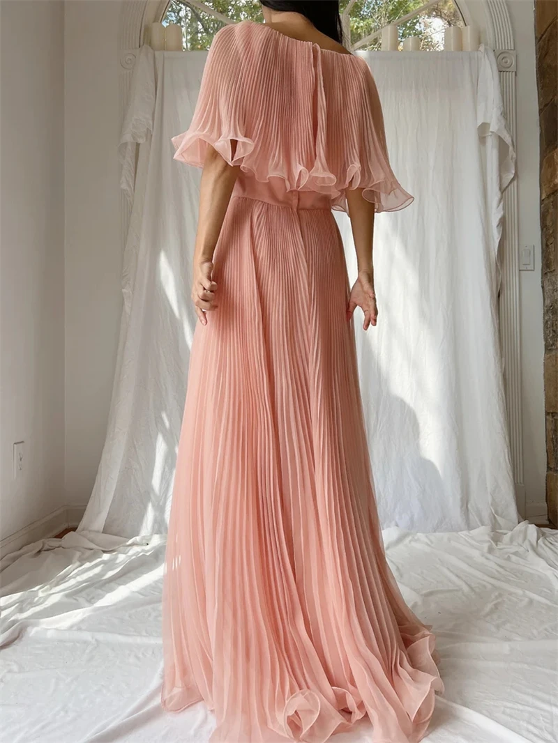 Eightree Blush Pink Arabic Women Evening Dresses Long Sleeves Pleats Cape Shoulder Mother Ruched Party Prom Gowns Organza Beach