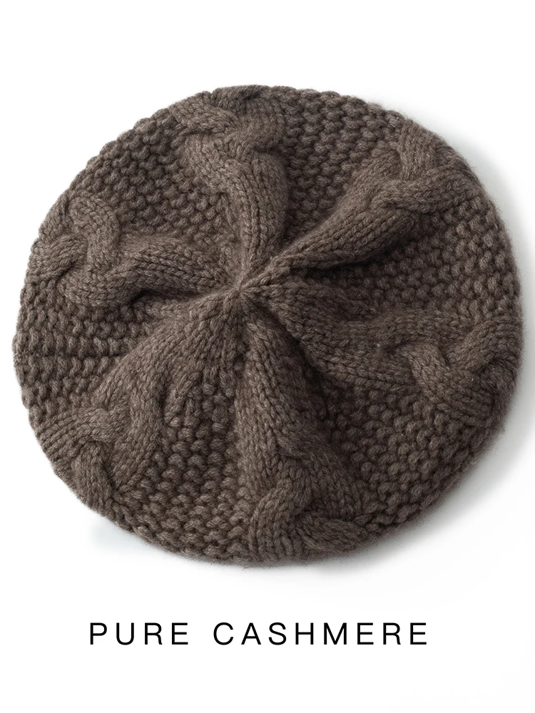 

MEETCC Women 100% Cashmere Cap Autumn Winter Women's Cable Knit Thick Beret Stylish Headwear Classic Basic Versatile Hats