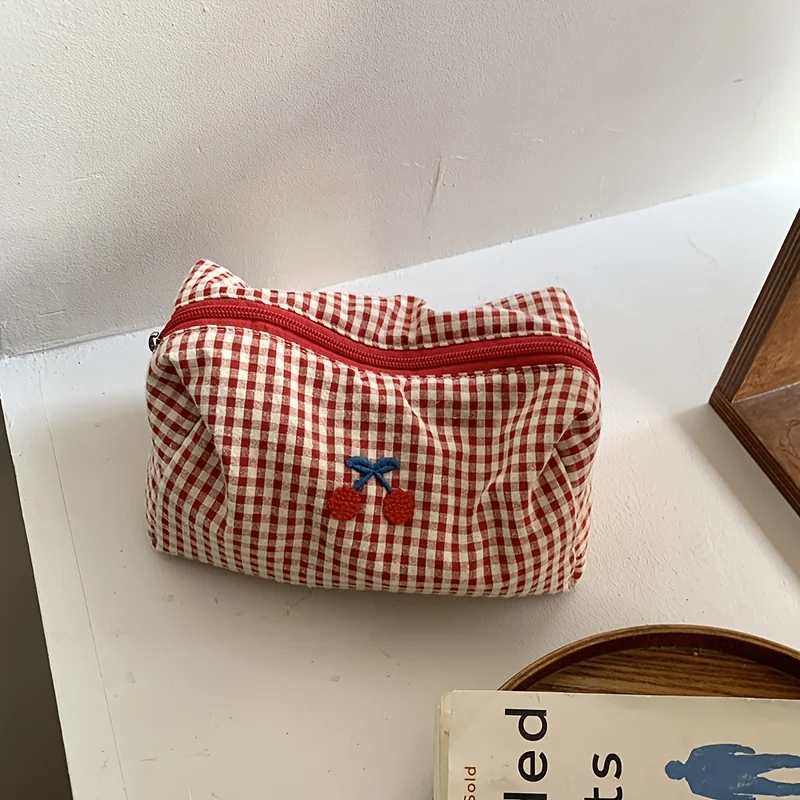 Cherry Portable Makeup Bag, Red Plaid Storage Bag, Card Holder, Large Capacity Makeup Coin Purse