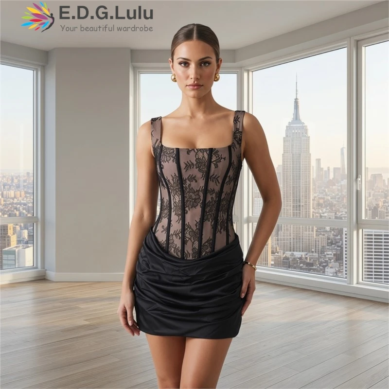 

EDGLuLu ﻿﻿Sexy Backless Drawstring Lace-Up Mini Black Dresses For Woman Lace Patchwork Satin Pleated Party Dress 0602﻿