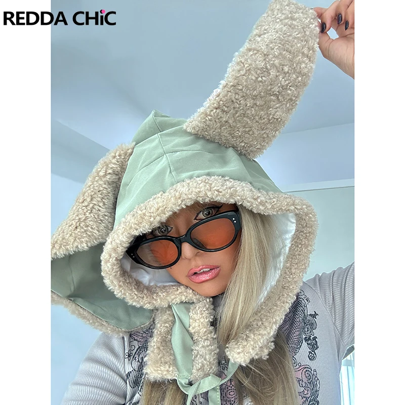 

ReddaChic Plush Rabbit Earflaps Hat Women Harajuku Grayu Plush Pom-pom Bandage Warm Thick Winter Thermal Lambswool Fleece Hat