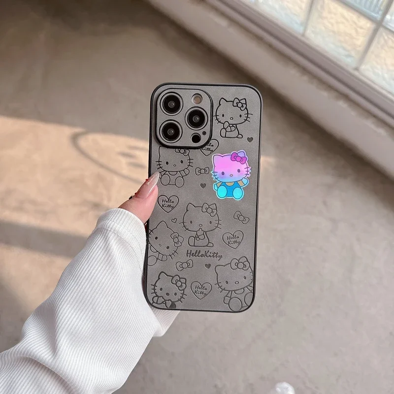 Coque de téléphone en cuir dur avec gaufrage en relief laser, dessin animé mignon Sanurgente, Hello Kitty, iPhone 15 14 13 12 11 Pro Max