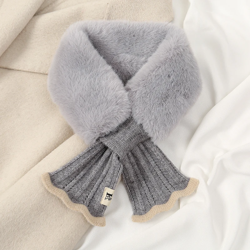 Winter Scarf Women Warm Thicken Solid Color Faux Rabbit Fur Plush Cross Collar Shawl Elegant Warm Soft Comfortable Scarf