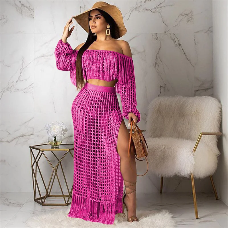 Sexy Fringed Tassel Summer Sets Outfits Women Beachwear Holiday Knit Crochet Hollow Out See Through Party Maxi Dress Vacation