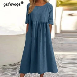 Women Summer Vintage Simple Casual Streetwear Cotton Linen Dresses Solid Short Sleeve Pleated Oversized Beach Midi Dress Vestido