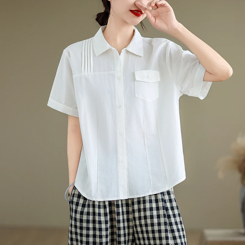 

Original Summer New Sle Artistic Pure Cotton ort Sve Women's irt Single Button Pred Pleat Color Versatile T...