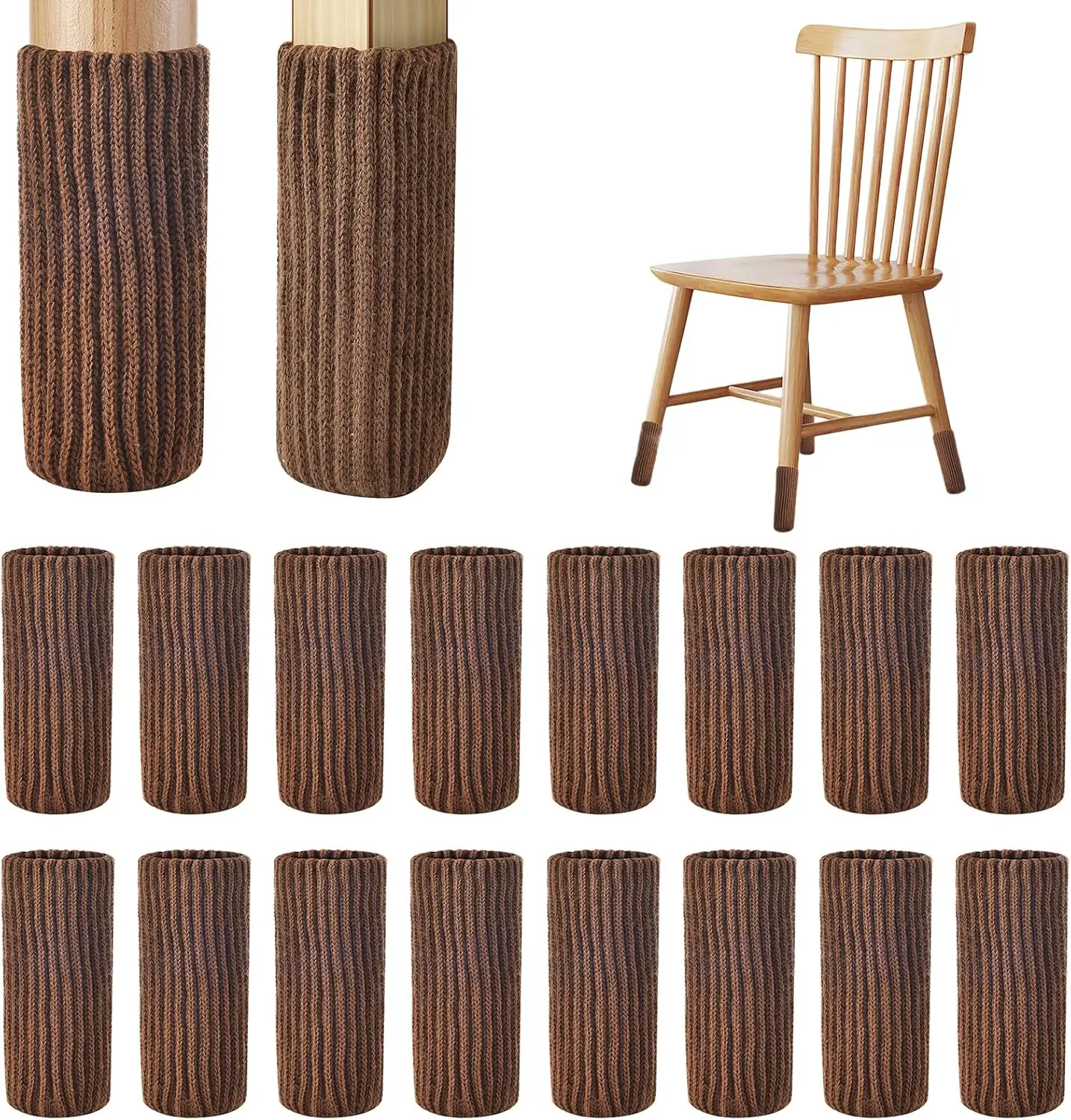 12PCS Brown Knit Leg Socks Double Thick Elastic Leg Covers Floor Protectors for Hardwood Easy Install Noise Reduce for Any Shape