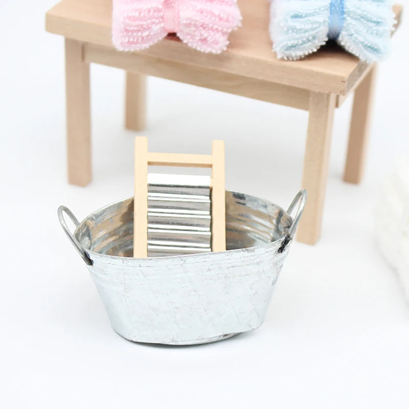 2Pcs/Set 1:12 Dollhouse Miniature Washboard Iron Bucket Bathroom Model Decor Toy Doll House Accessories