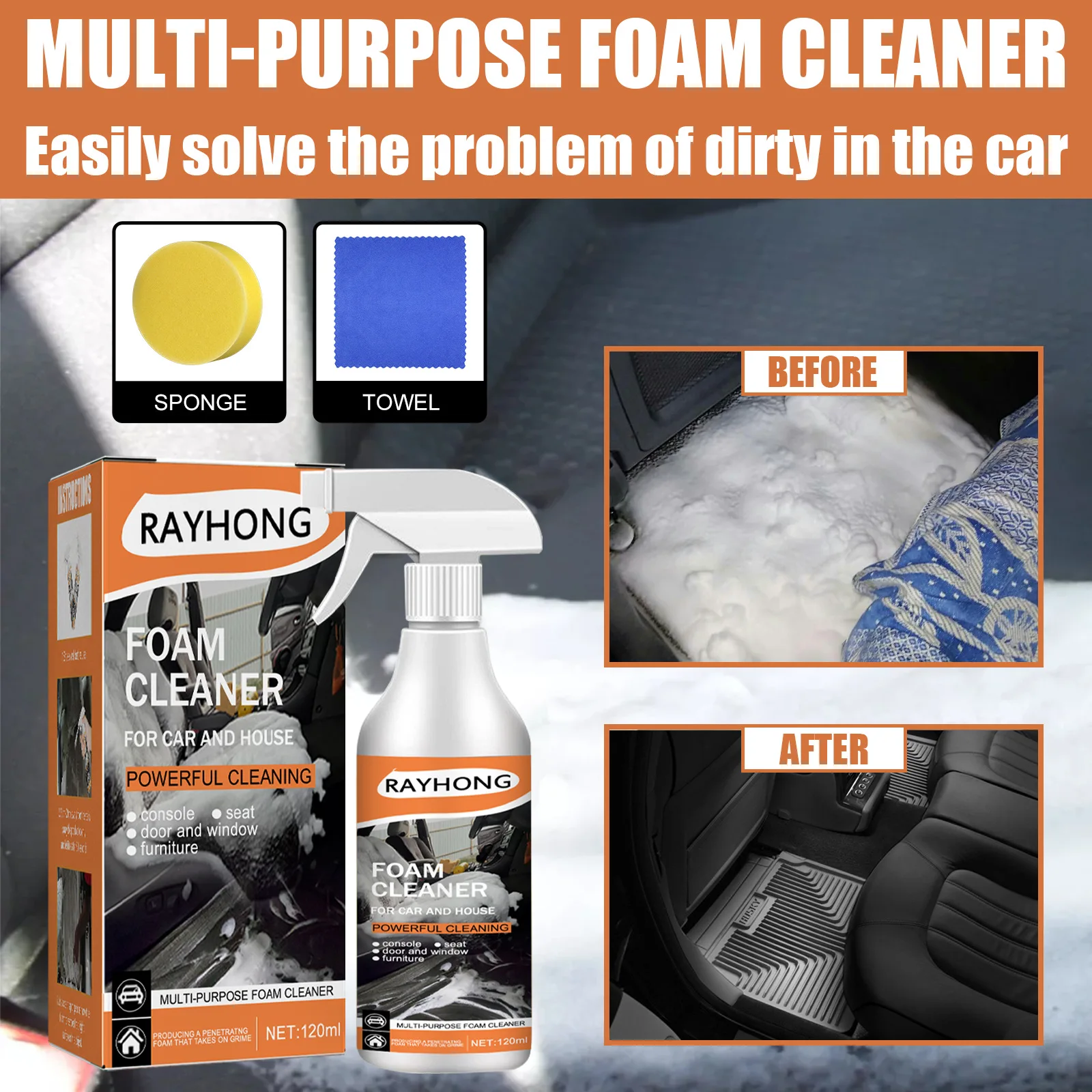 

Rayhong Automotive Multi-Purpose Foam Cleaner Car Interior Cleaning Steering Wheel Plastic Fabric Seat Seat Belt Stain Cleaner