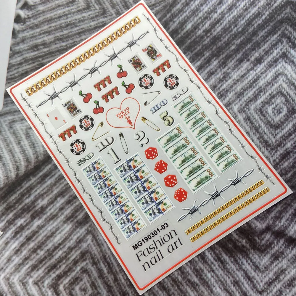 1Pcs 3D Geld Dollar Sign Nail Art Stickers Zelfklevend Speelkaart 100 Bill Dollar Nail Tips Decoratie Slider poker Decals