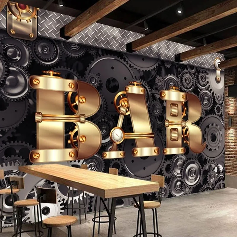 Customized products 3D Wallpaper European Style Metal Letter Mechanic Gear Wall Mural Living Room Restaurant KTV Bar Background