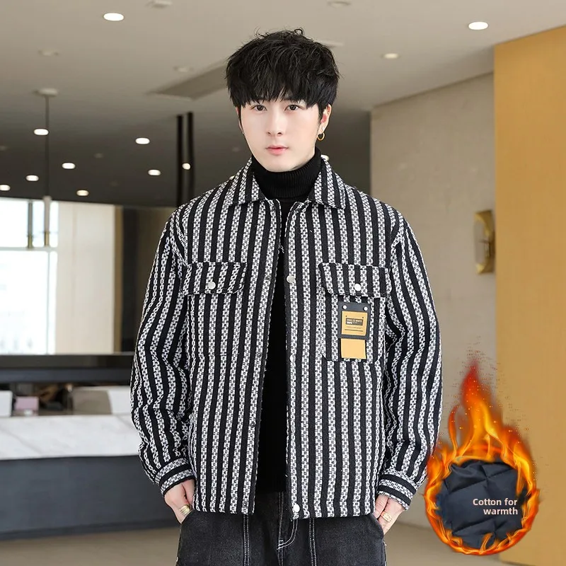 

Thiened Cotton Plaid Jaet Men's Autumn Winter New Loose plus Size Cotton Clothes Trendy Long Sve Collar Coat for Youth