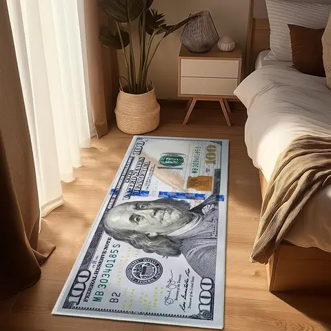 1pcs 100 Dollar Bill Rug Novelty Money Carpet Simple Living Room Hallway Rag Rug, Machine Washable Kitchen Runner Rag Rug, Easy Care Balcony Laundry Room Floor Mats, Soft and Comfortable Bedroom Bedside Rag Rugs for Staircase Home Decor Rugs