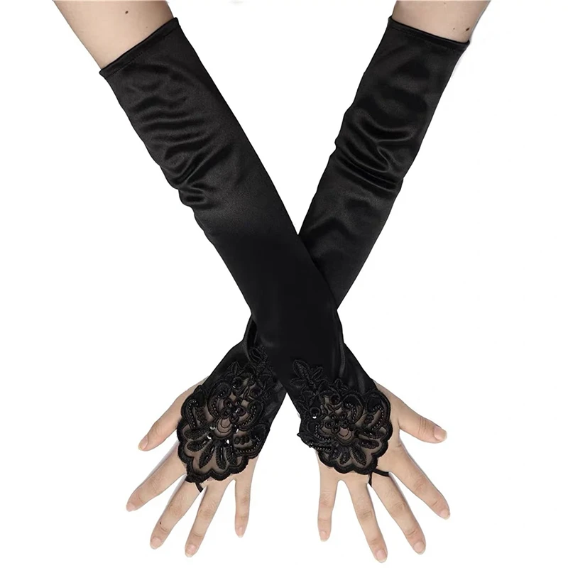 Long Satin Sexy Lace Embroidery Hook Finger Gloves Retro Party Women Etiquette Drive Cosplay Dinner Dance Mittens for Female