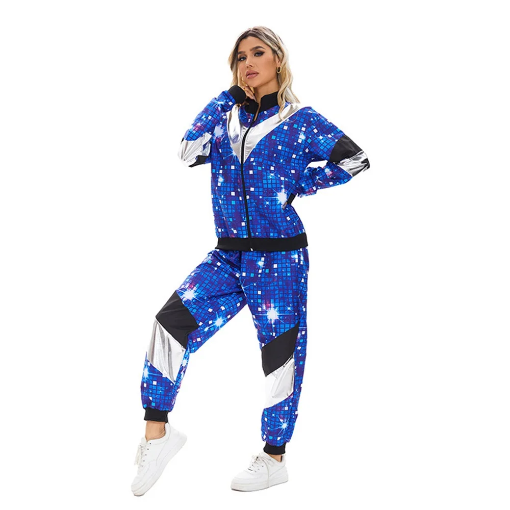 Wholesale High Quality Hip Hop Singer Cosplay shinny blue Sports Suit Costume for adult Carnival Party hippie