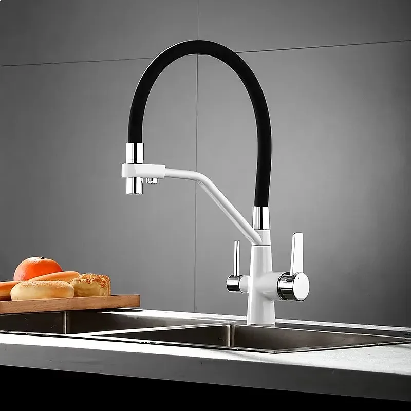 Dual Spout Kitchen Faucet Black White Brass Hot Cold Water Purification Tap Saving