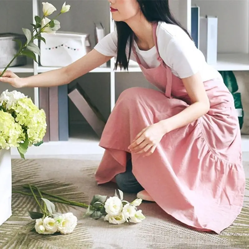 

Хлопково-льняной фартук с полным покрытием, дышащий кухонный фартук для выпечки, фартук с рюшами, простой рабочий фартук для