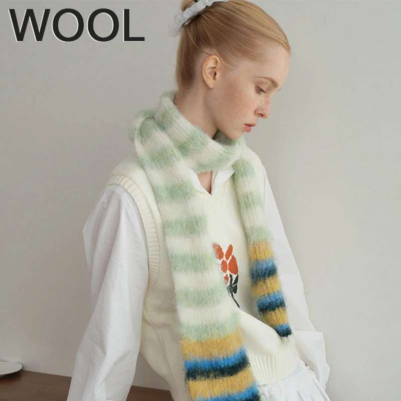 

Girl Striped Plush Scarf Women's Niche Design Sense Spice Lover Versatile Decoration Korean Version Thin and Narrow Long Scarf