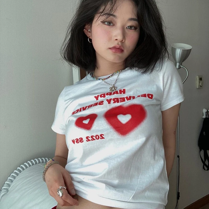 

2000s Streetwear Harajuku Goth Short Sleeve T-shirts Y2K Fashion graphics Print fairy grunge Summer E-girl White Crop Tops Slim