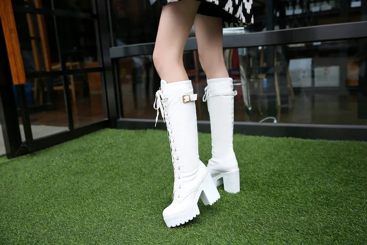 Women Boots High Heels Winter Footwear Round Toe Female Shoes Clogs Platform Lace Up Stiletto Over-the-Knee Leather Rubber 2024