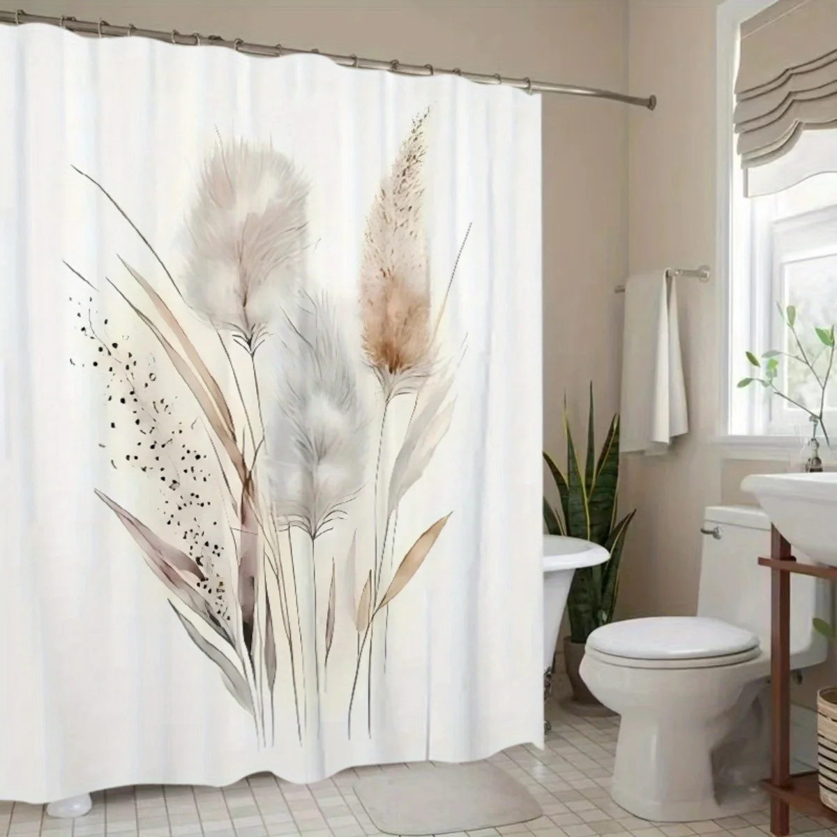 Pampas Grass Shower Curtain Boho Natural Design Beige White Color Water Resistant Bathroom Decor