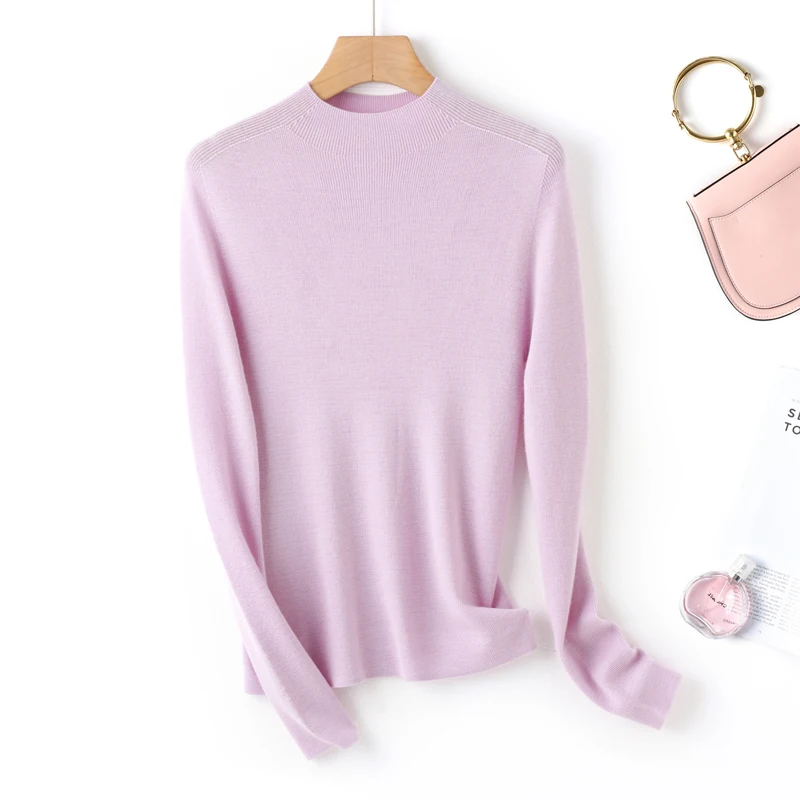 

Осень/зима, готовый к ношению первый ряд, 100% шерсть, камвольный тонкий свитер с полувысоким воротником, женский тонкий свитер