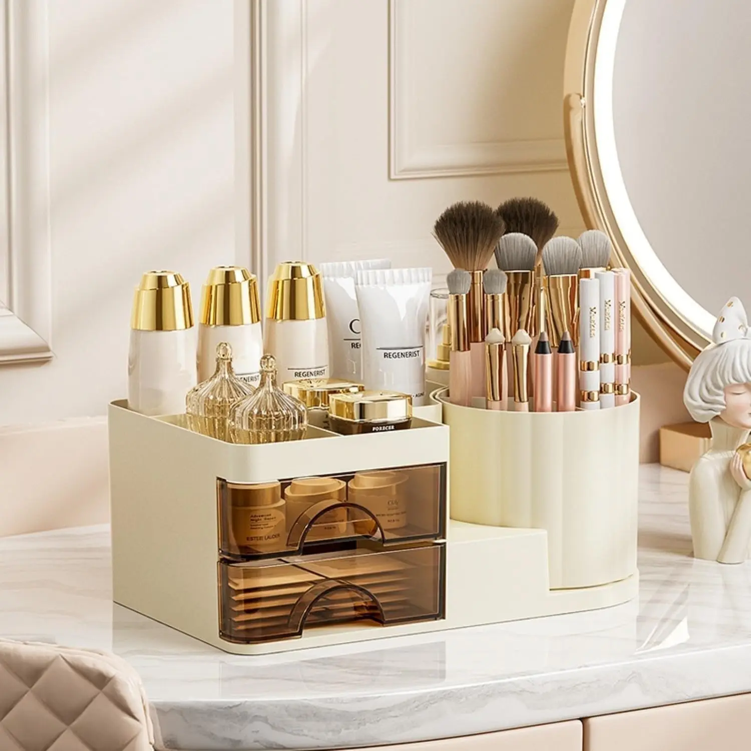 

Органайзер для макияжа для туалетного столика с двумя ящиками, вращающийся держатель для кистей для макияжа на столешнице, держатель для органайзера для ванной комнаты, косметический дисплей Ca
