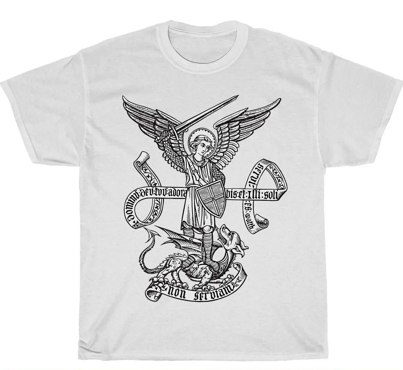 Summer Cotton Short Sleeve O-Neck Mens T Shirt New S-5XL anime clothes Catholic Angel Defend Us. Archangel St Michael T-Shirt.