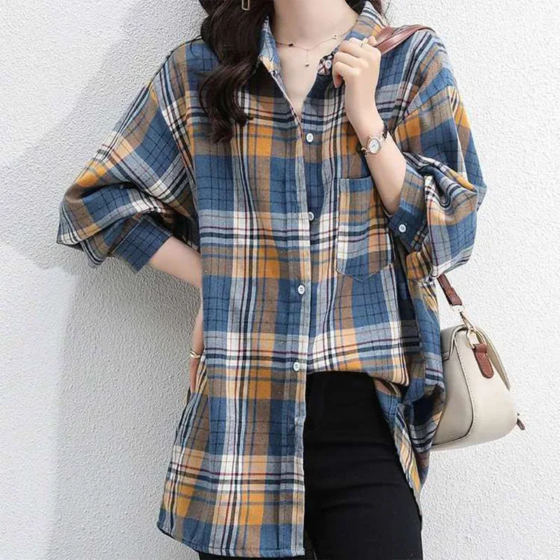 Women Clothing Loose Casual Plaid Pockets Shirts Spring Simple Fashion Vintage All-match Blouses Female Long Sleeve Tops A571