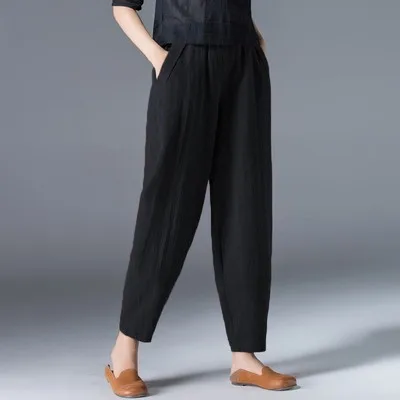 Cotton Linen Harem Pants Women Summer Nine Points Loose Thin Elastic Waist Wide Leg Pants Artistic Versatile Casual Pants