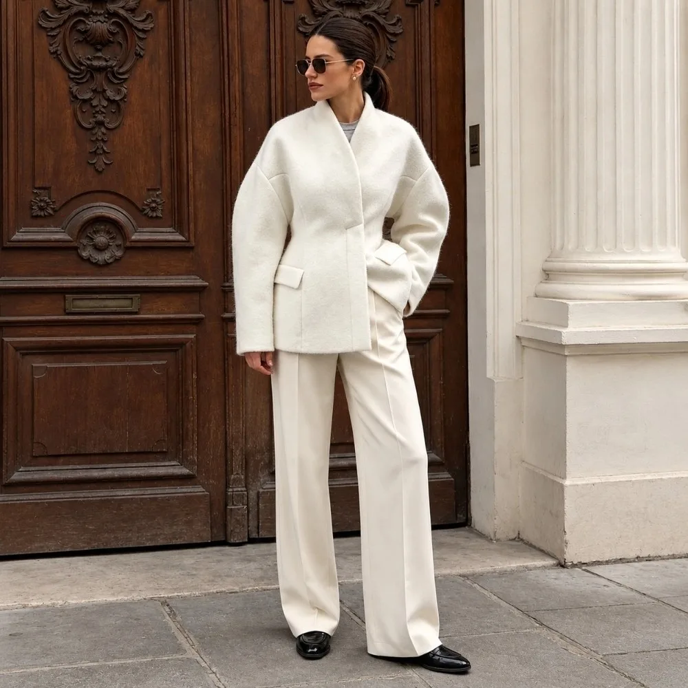 Short Length Women Short Wool Coat Fitted Waist Bubble Sleeve Wrap Neck Overcoat Women Winter Wool Outercoat Casual Gathering