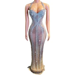 Luxurious Rhinestones Chains Crystals Long Dress Sexy Mesh Backless Evening Prom Wedding Celebrate Birthday Dress Photo Shoot