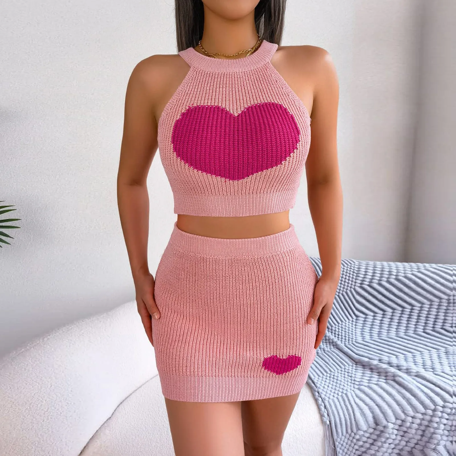 Casual Love Heart Clashing Colours Exposed Navel Sweater Wrap Hip Skirt Set Halter-Neck Sexy Sweet Women Summer Two Piece Set